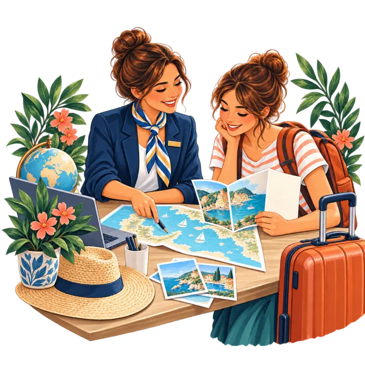 Conseillère et voyageuse préparant un itinéraire en agence