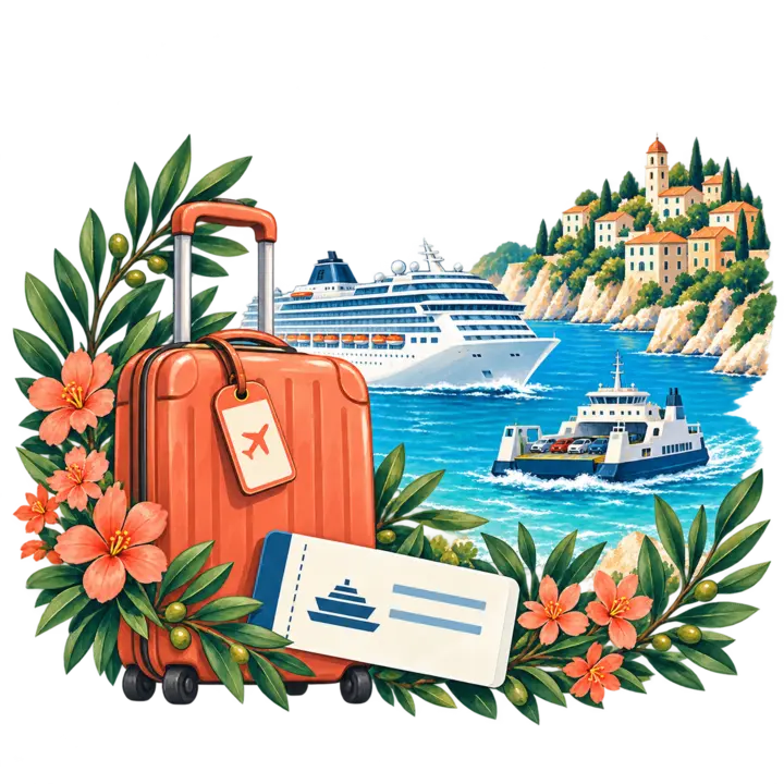 Paquebot et ferry naviguant au large d’un village méditerranéen