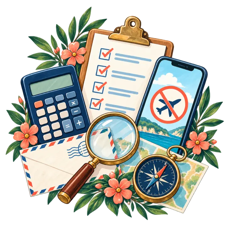 Calculatrice, checklist et loupe formant une boîte à outils