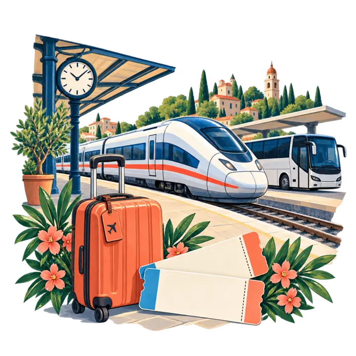 Train et autocar réunis dans une gare de voyage